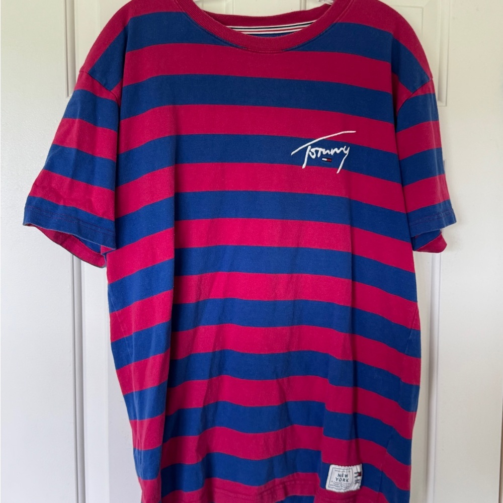 Tommy Hilfiger Red and Blue Striped Short Sleeve Tee